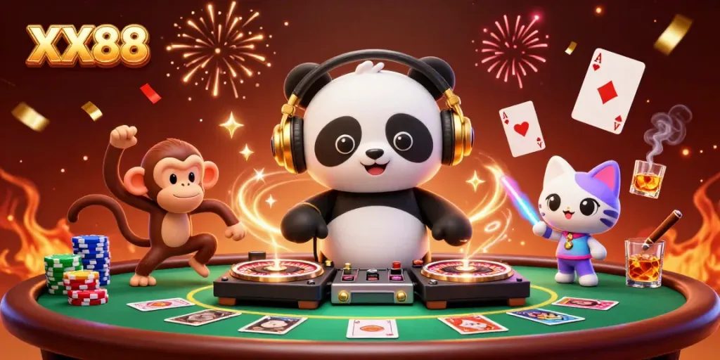 Experience the excitement of XX88 with a DJ panda spinning on roulette wheels, lively atmosphere, and vibrant casino elements.