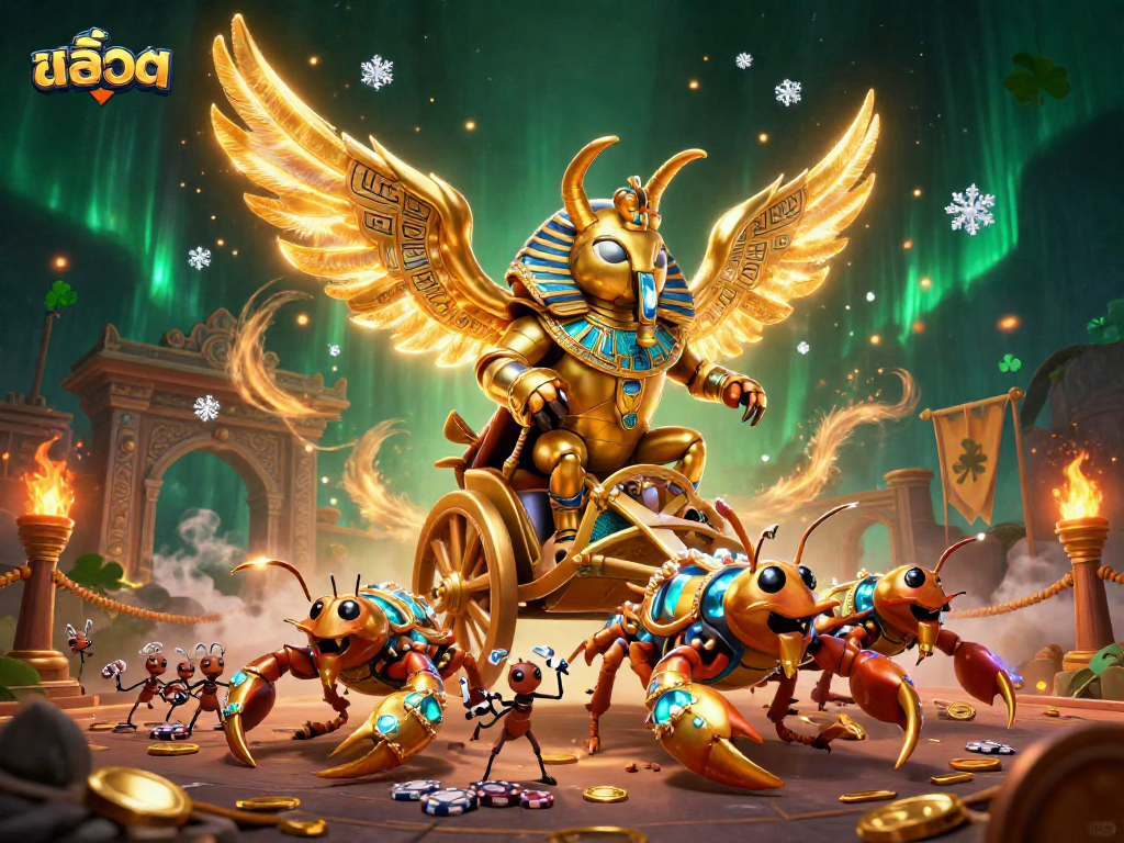 Spin the สล็อต reels with golden scarab and scorpions in an epic casino battle scene.