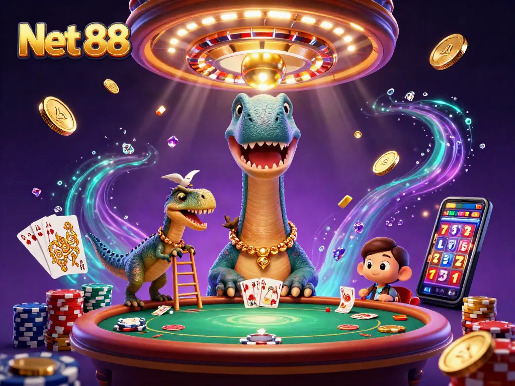 Engage in thrilling gaming at Net 88 with a vibrant 3D casino scene featuring a towering brontosaurus and exciting gambling elements.