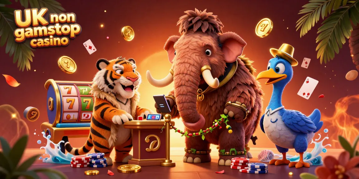 Woolly mammoth and saber-tooth tiger at a UK non gamstop casino door, vibrant gaming elements around.