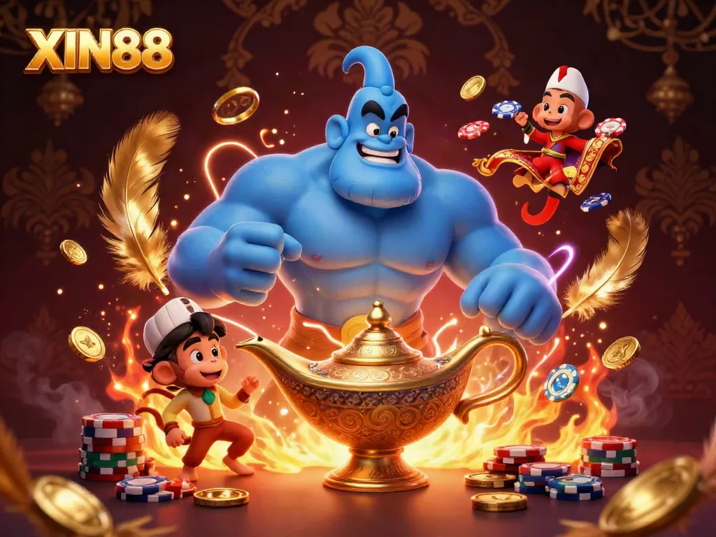 XIN88 offers a vibrant and magical casino experience with a genie, monkey, and flying carpet.