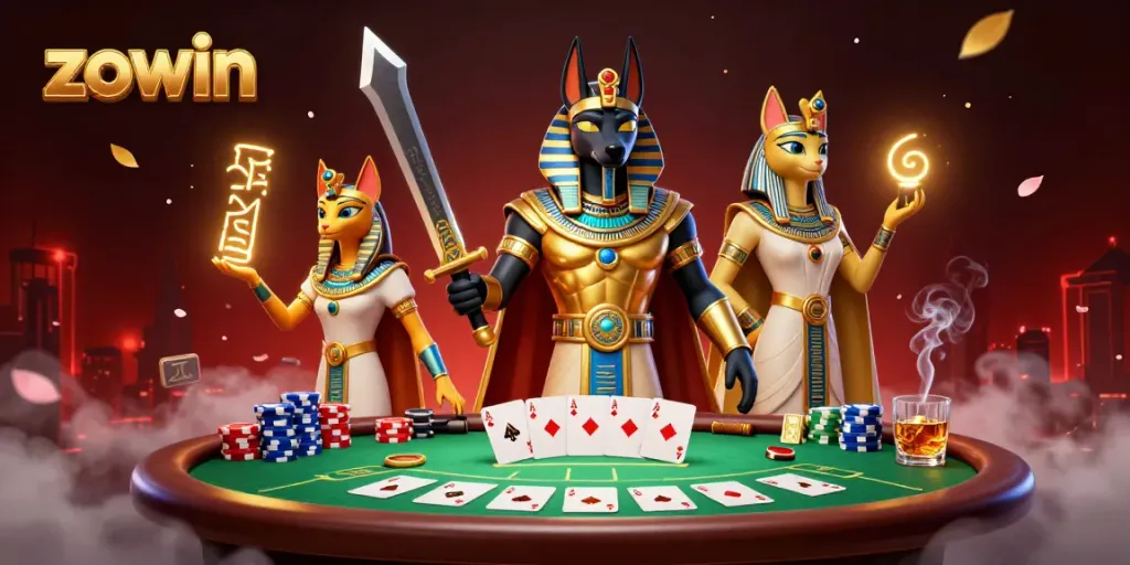 Engage in thrilling poker action with the vibrant Zowin casino scene featuring Anubis and Bastet.
