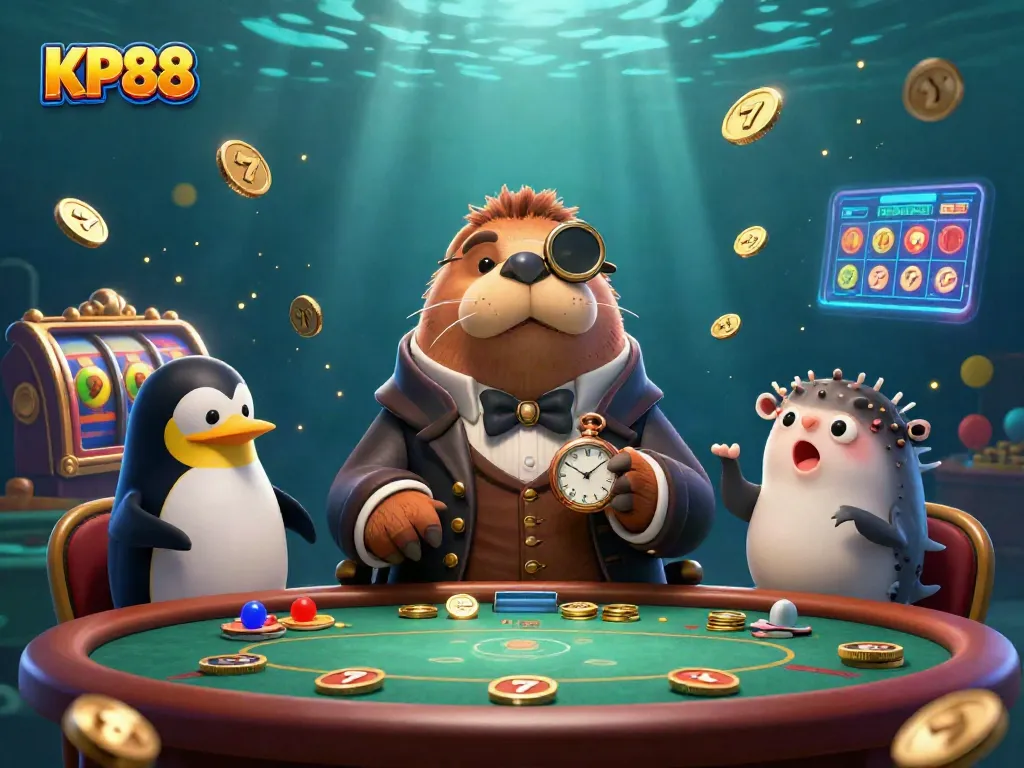 Experience thrilling poker action at KP88's underwater casino with vibrant 3D characters and slot game elements.