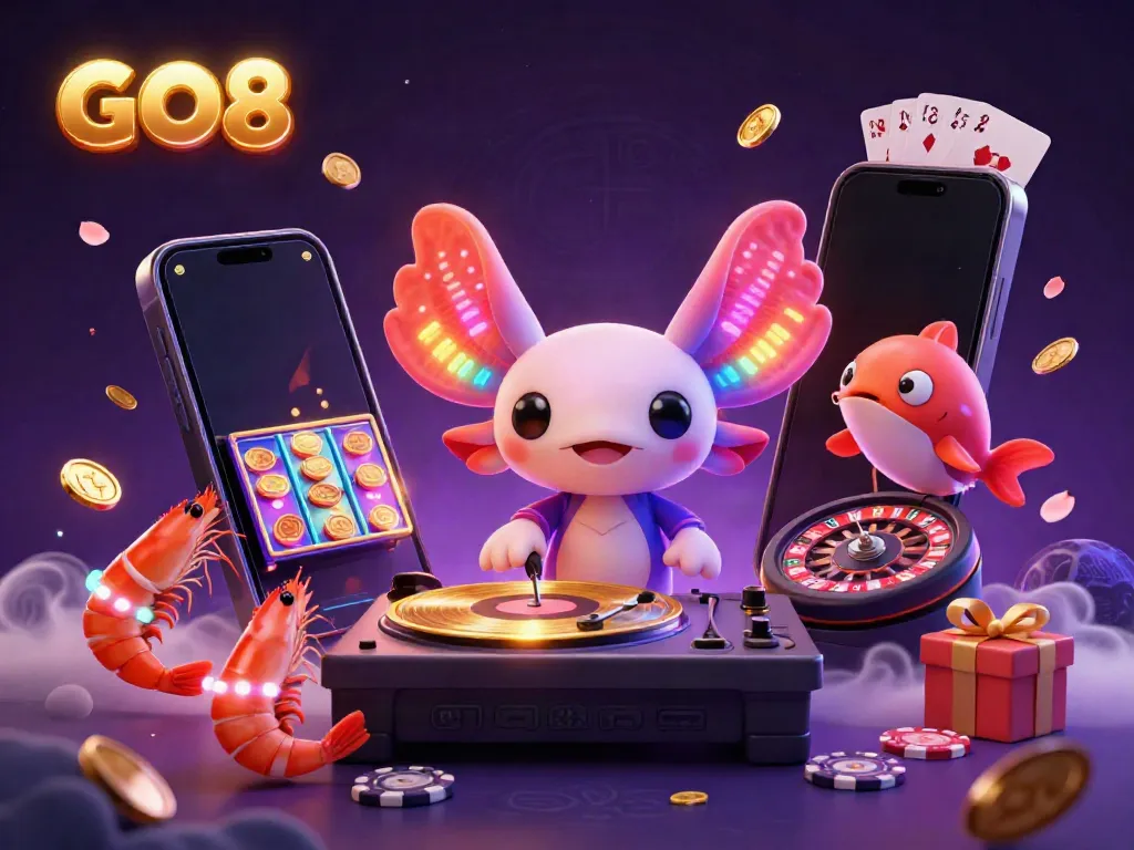 Engage with the vibrant GO8 gaming scene featuring a neon DJ axolotl and dynamic slot game elements.