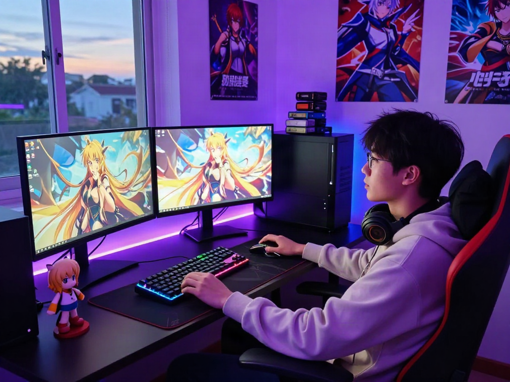 A gamer immersed in a vibrant hentai game setup, surrounded by colorful peripherals and ambient lighting.