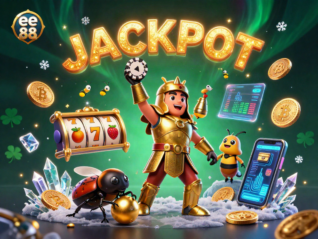 Spin and win at ee 88 with a victorious beetle lifting a poker chip amidst vibrant casino symbols.