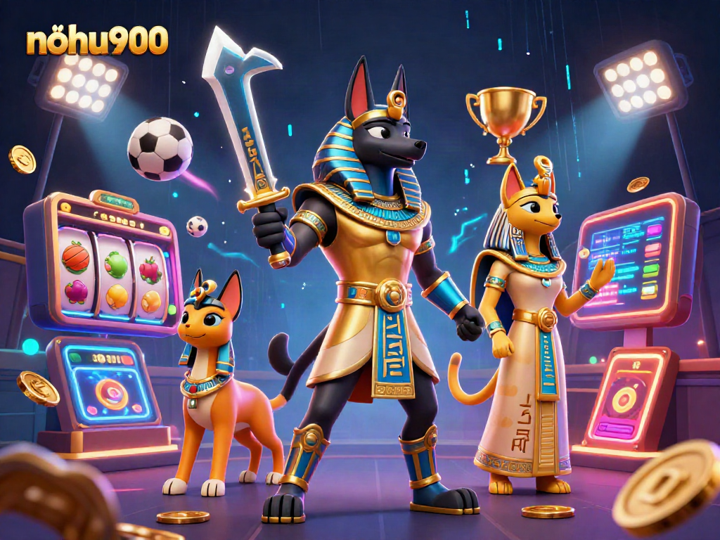 Win big with nohu900 in this vibrant 3D casino gaming scene featuring Anubis and Bastet.
