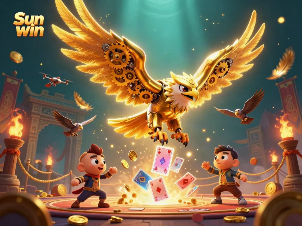 Experience the thrill of Sun win with the golden eagle diving through dynamic playing cards to win big.