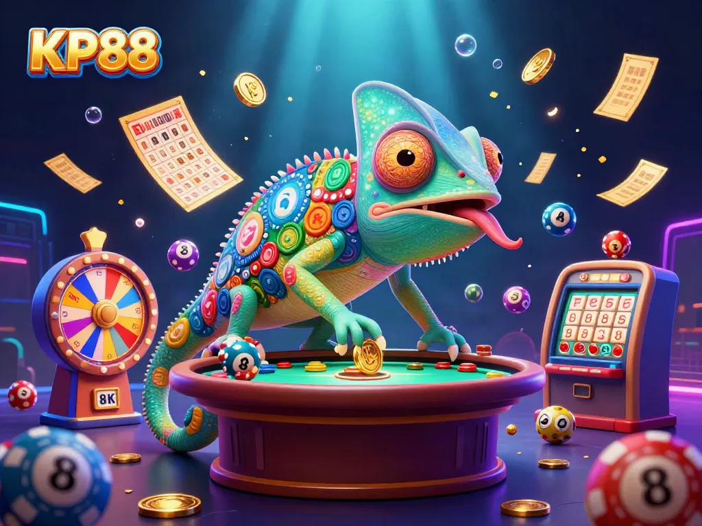 Experience thrilling KP88 gaming with a colorful casino scene featuring a dynamic chameleon owner.