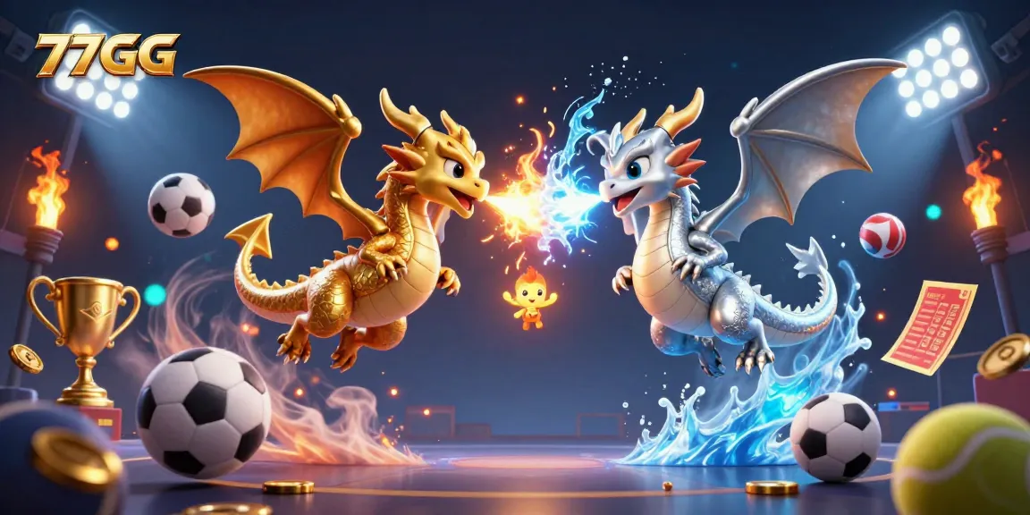 Intensify your betting experience with 77GG's thrilling casino action amid dragons and sports elements.
