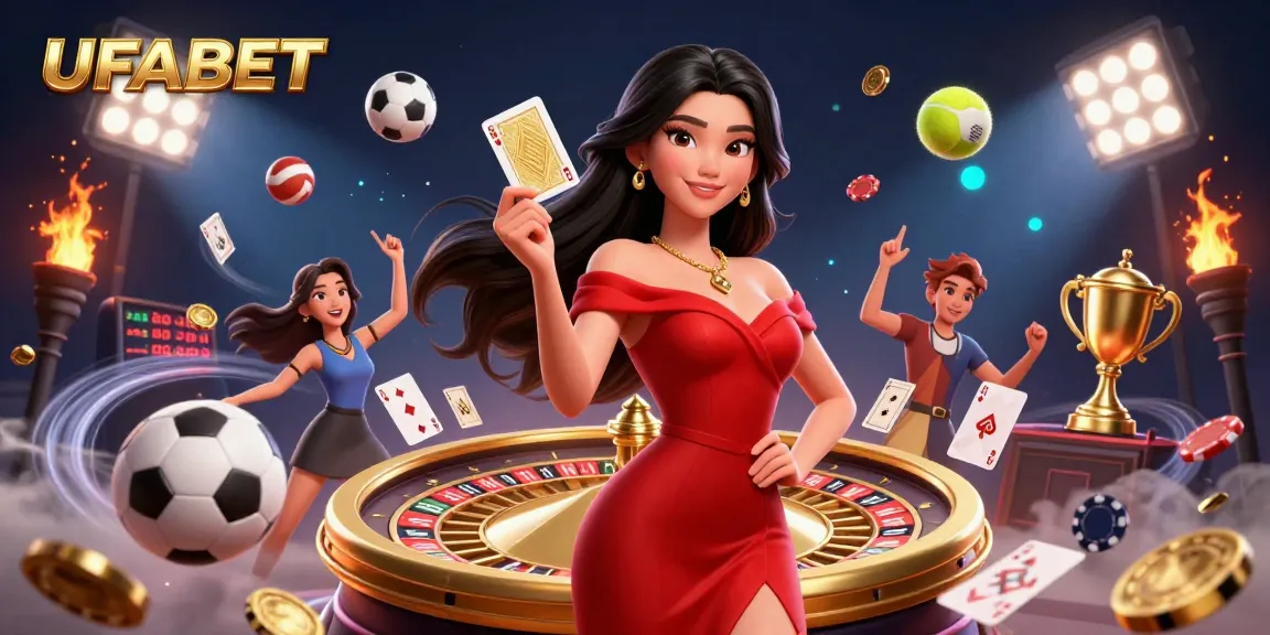 Engage with UFABET's thrilling betting experience featuring a stunning Asian woman beside a golden roulette wheel.