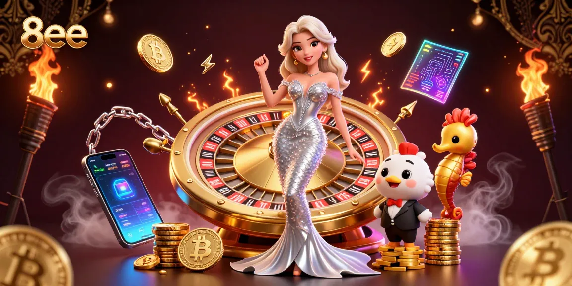 Spin the roulette wheel with 8eee while enjoying vibrant casino elements and crypto treasures.