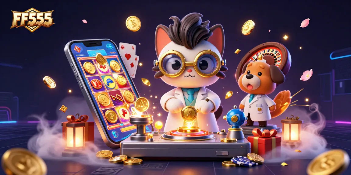 FF555 mad scientist cat and assistant dog create a gold-coin-replication machine in an exciting casino scene.