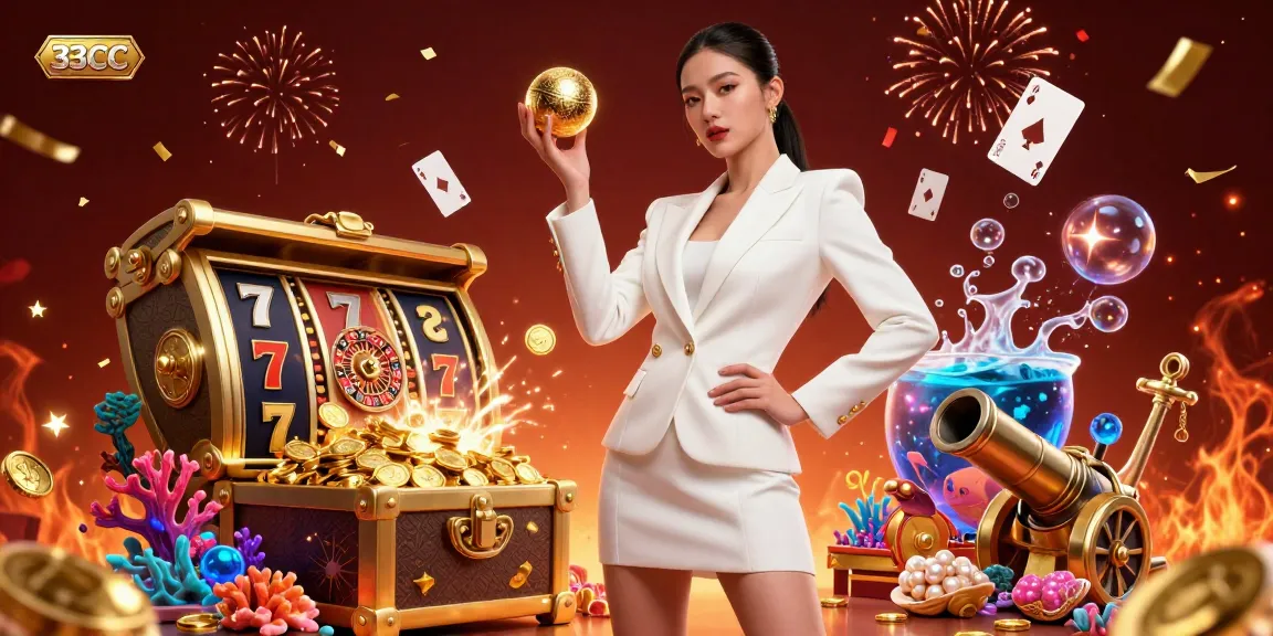 Engage with 33CC's exciting casino offerings featuring a confident dealer amidst slot reels and treasure elements.