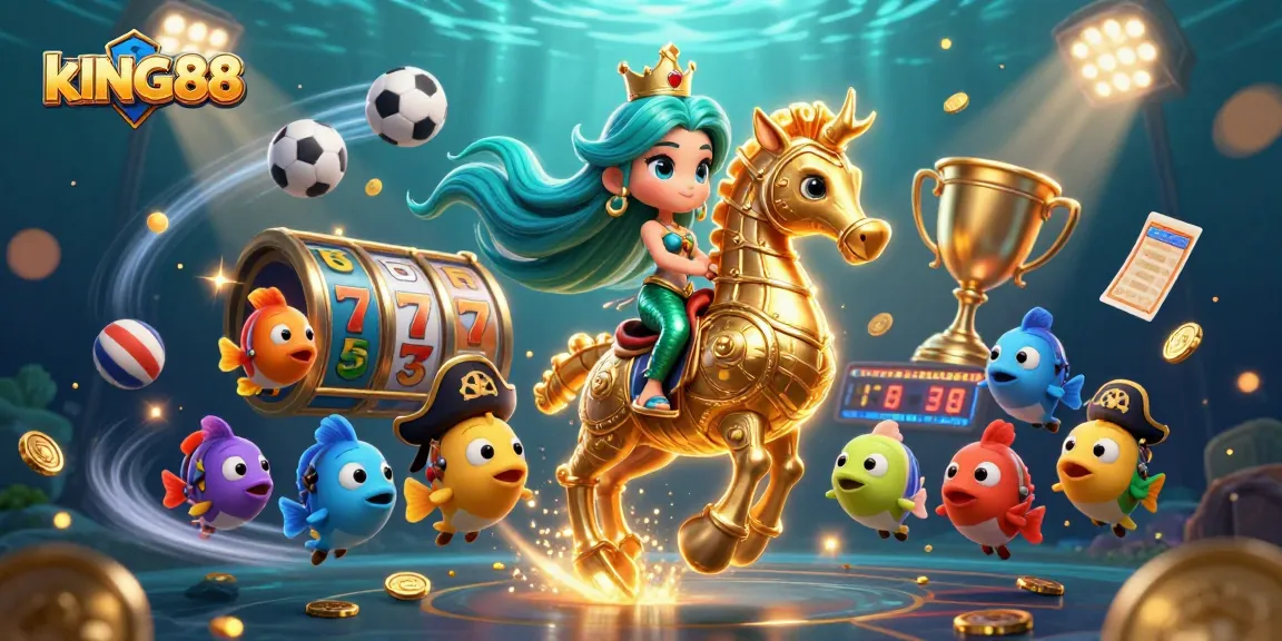 Join the excitement at kING88, where a mermaid princess rides a seahorse amid vibrant slots and sports!