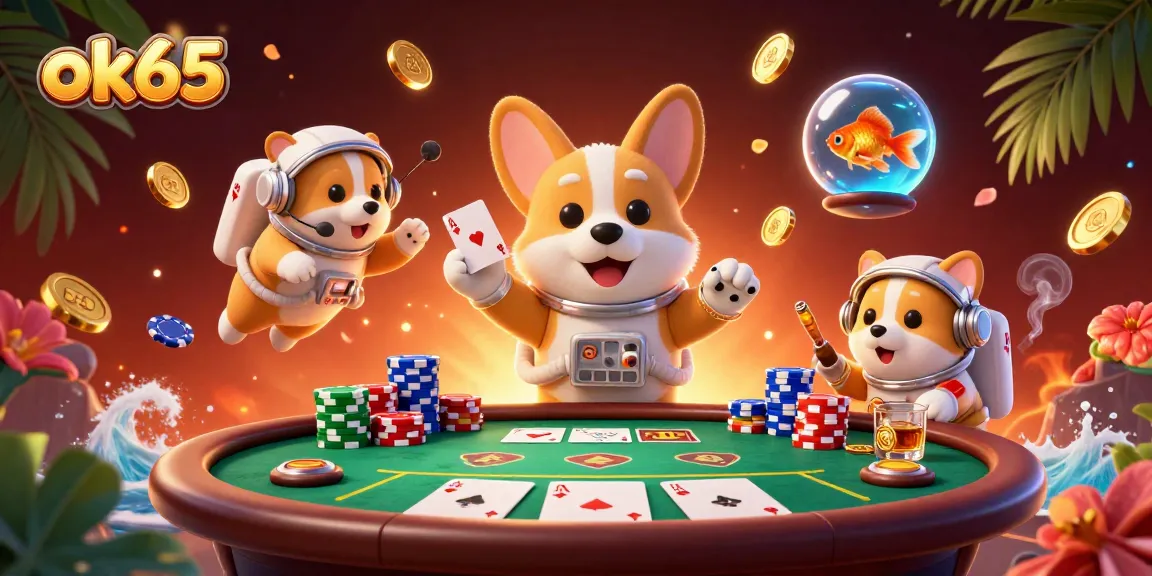 Experience exciting gaming action in the ok65 space casino with poker chips and golden coins.