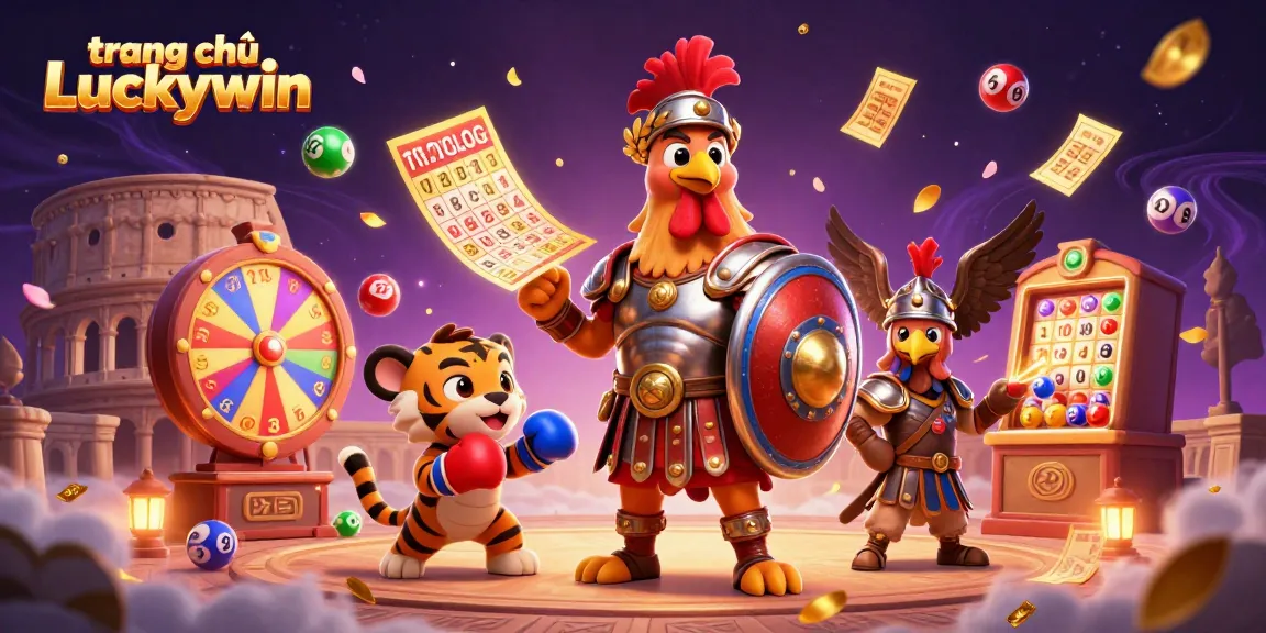 Try winning with exciting games on trang chủ Luckywin, featuring an engaging scene of a rooster and lottery elements.