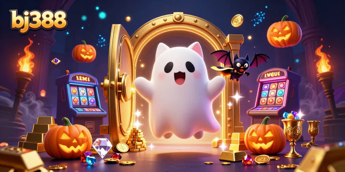 Engage with bj388’s thrilling gaming atmosphere featuring a ghost cat and a vampire bat in a haunted casino.