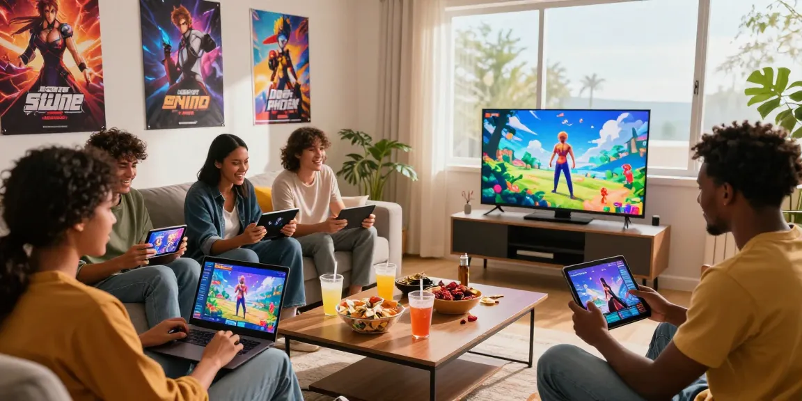 Group of gamers enjoying hentai games html in a cozy living room