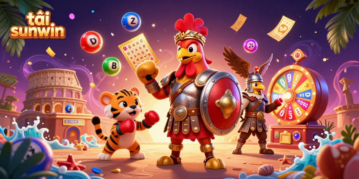 Experience the excitement at tải sunwin with dynamic lottery elements surrounding a gladiator rooster and tiger cub.