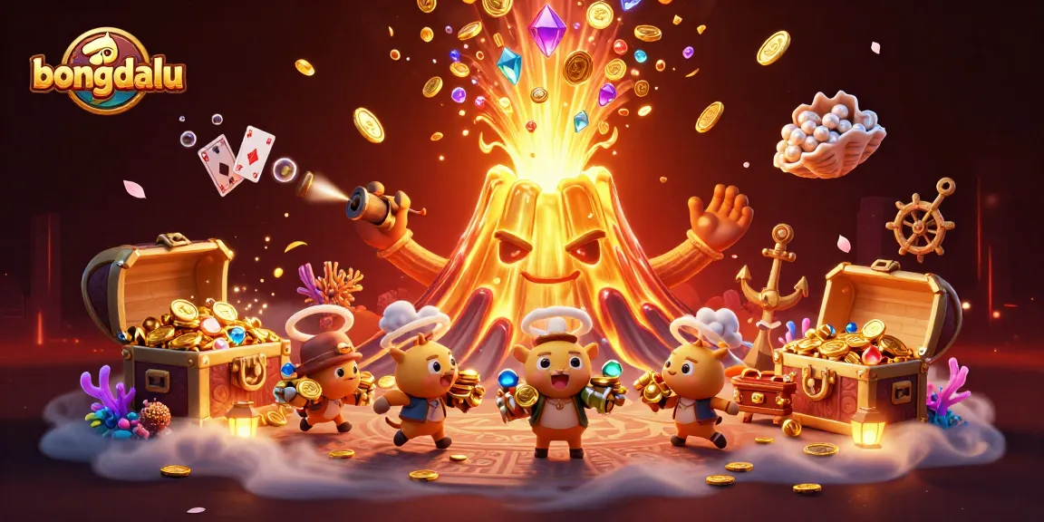 Bongdalu engages players with a triumphant golden volcano scene erupting coins and treasures.