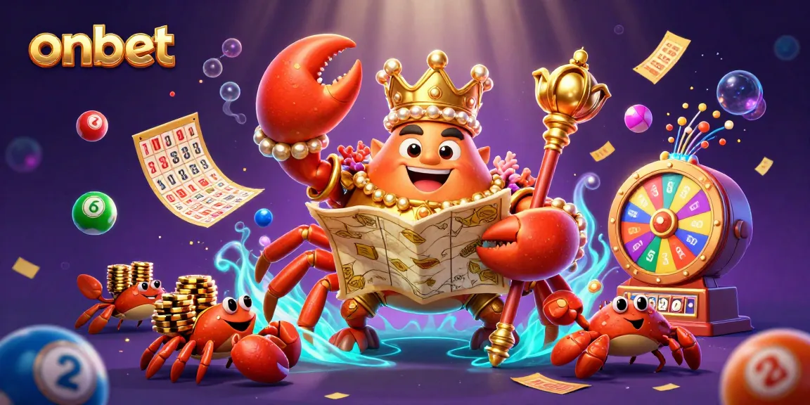 Experience exciting gameplay at onbet with colorful lottery elements and a majestic crab emperor.