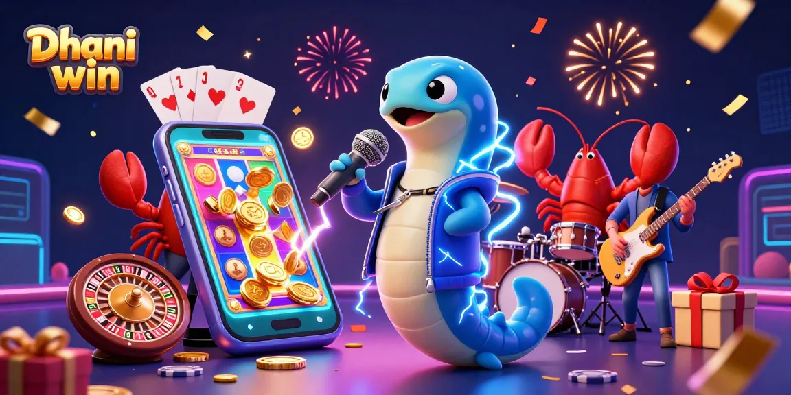 Dhani win showcases a vibrant underwater casino scene with a DJ electric eel, lobster drummer, and seahorse guitarist, dynamic slot gameplay, and festive elements.