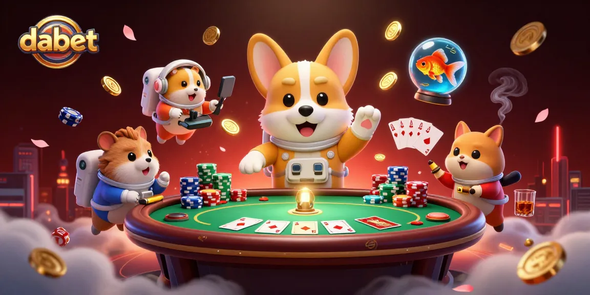 dabet - A cartoon astronaut corgi enjoys poker in a zero-gravity casino with vibrant gaming elements.