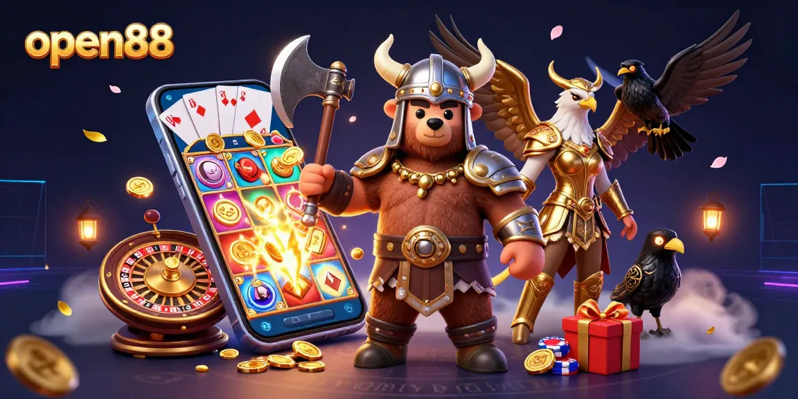 Experience the thrill of open88 with dynamic gameplay featuring a Viking bear and Valkyrie eagle.
