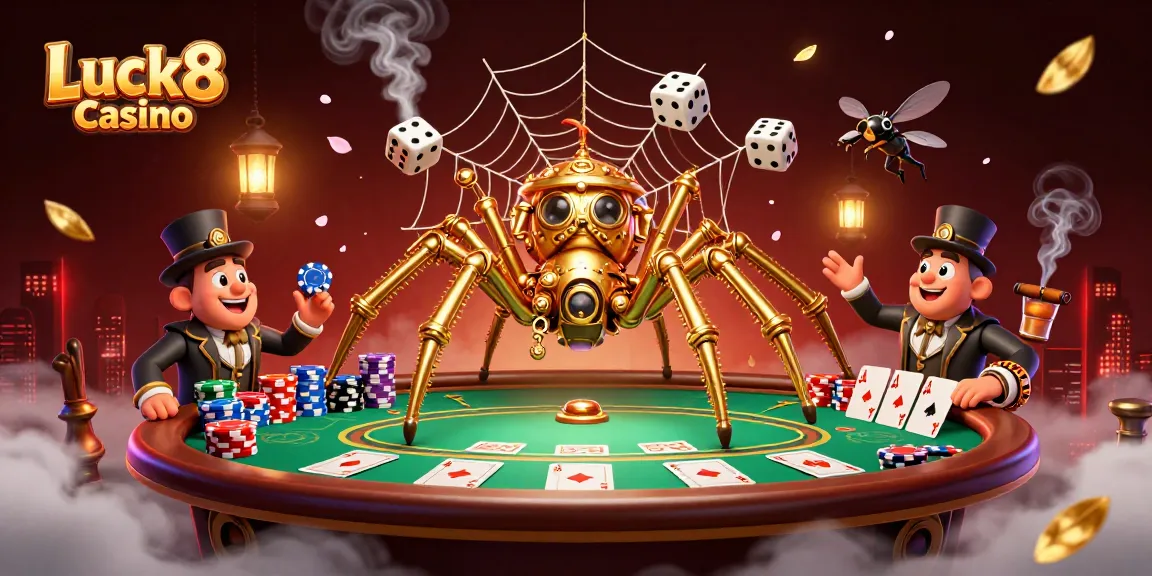 Experience thrilling moments at Luck8 Casino with a dynamic 3D illustration showcasing a steampunk spider and poker scene.
