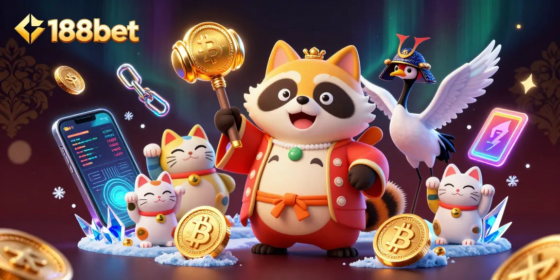 Experience the excitement of 188bet with colorful characters and vibrant casino elements like Bitcoin coins!
