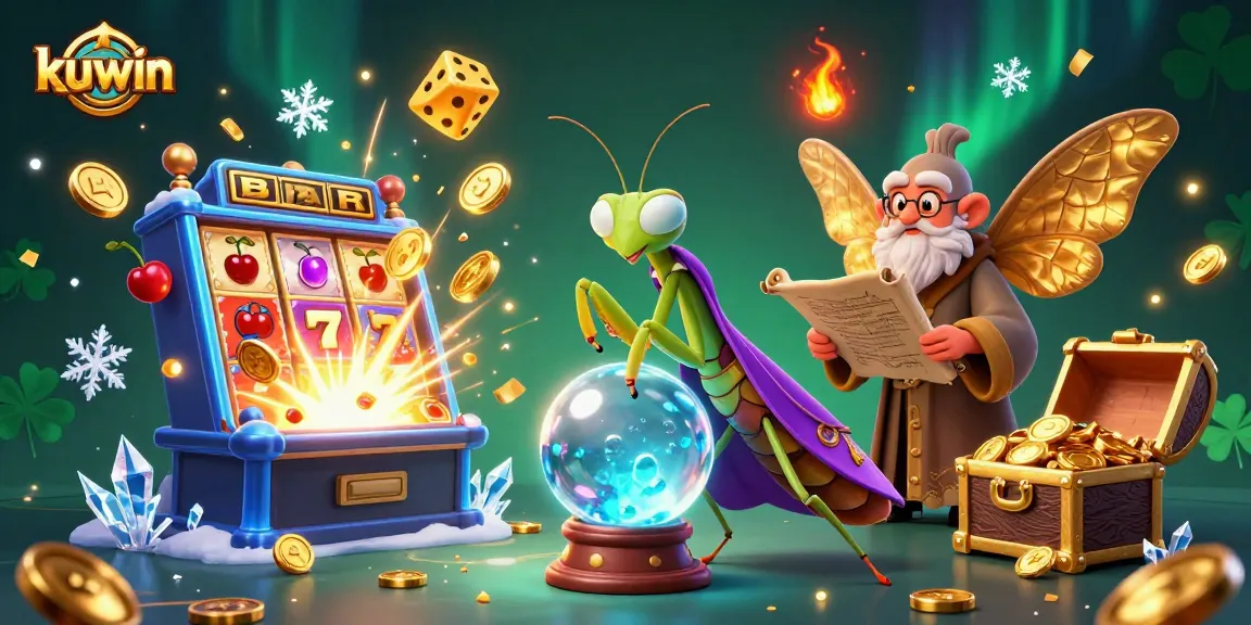 Kuwin brings excitement with a vibrant online casino scene featuring a slot machine and mystical characters.