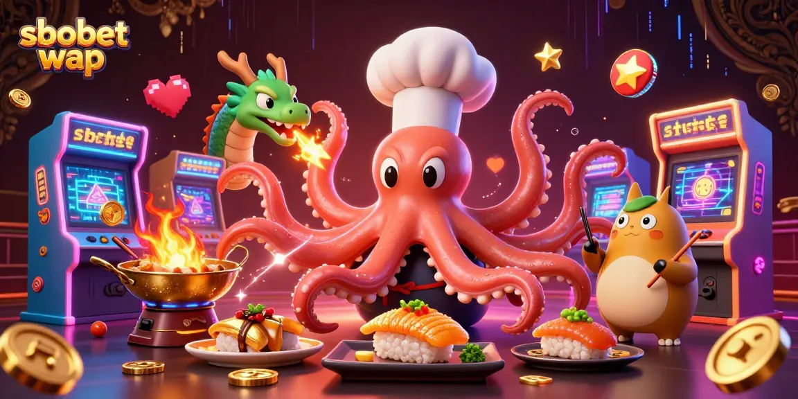 Engage with sbobet wap through mobile betting in a vibrant casino-style illustration featuring an octopus chef.