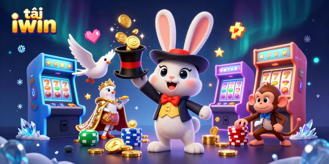 Engaging scene featuring a magician rabbit, dove, and monkey in a vibrant casino setting, promoting tải iwin app for players.