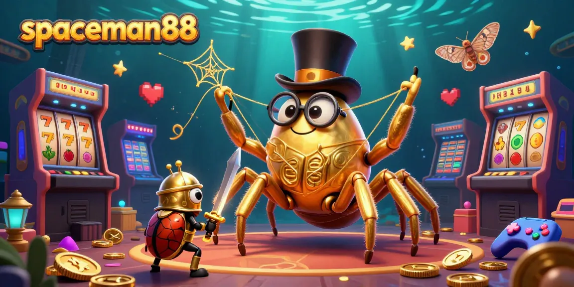 Discover the excitement of spaceman88 with vibrant slot symbols and a charming golden tarantula in a casino setting.