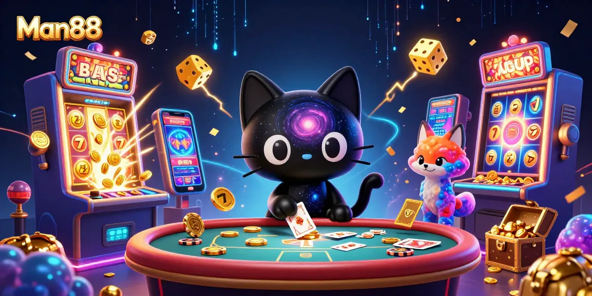 Man88 showcases a cosmic casino scene with a cartoon black hole cat and jackpot elements.