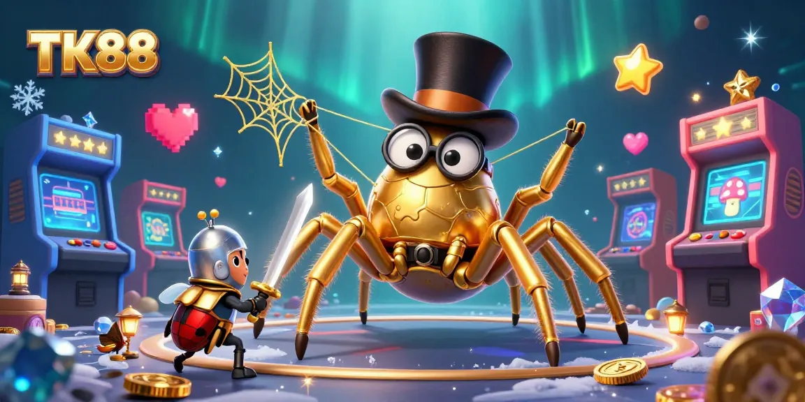 Engage with TK88 by exploring an artistic depiction of a golden tarantula and a beetle knight in a rich casino-themed scene.