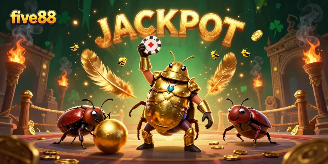 Win big with five88 at the casino, featuring a heroic beetle in gladiator armor