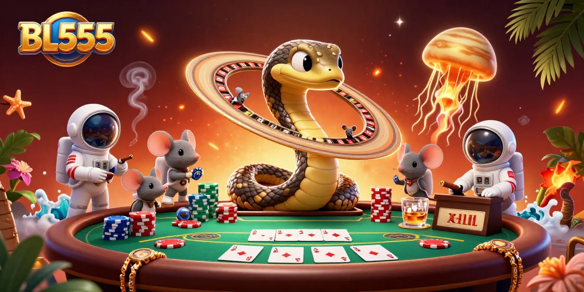 Engage with the vibrant world of BL555 as astronaut mice bet on Saturn's roulette rings amid dynamic casino elements.