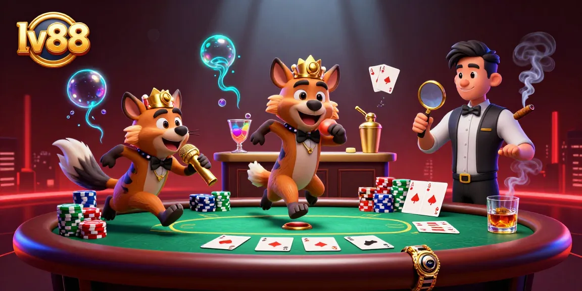 Live casino scene at lv88 featuring hyenas in action with poker elements.