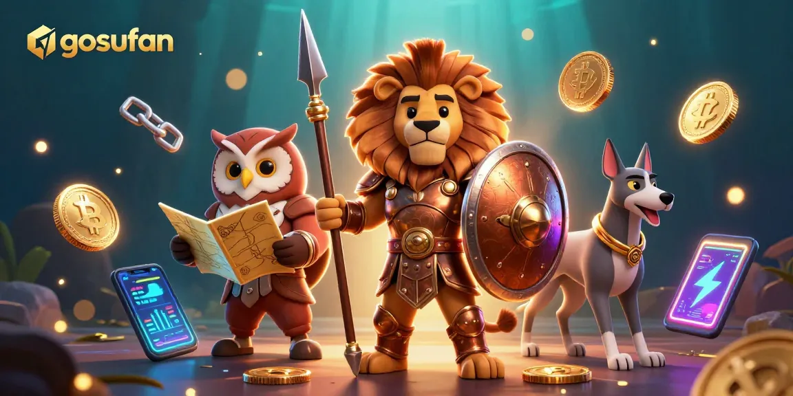 Engage with gosufan's cinematic crypto gaming scene featuring majestic characters and vibrant elements.