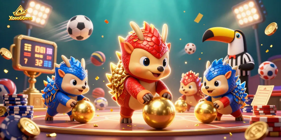 Engage in thrilling gambling with xoso66vna's festive pangolins, vibrant poker chips, and energetic sports elements.