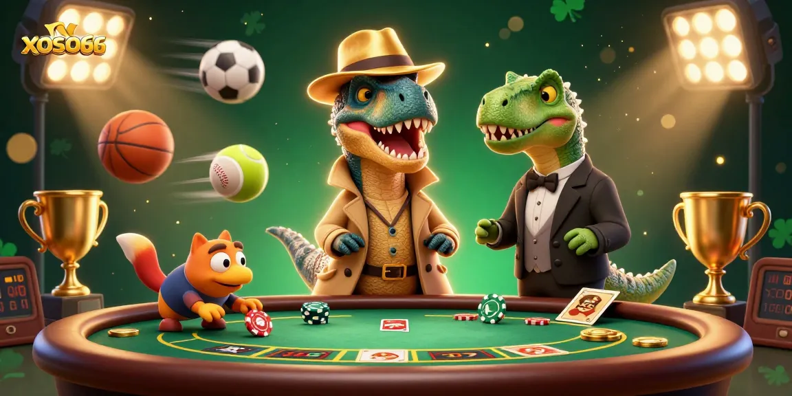 xoso66 showcases a colorful scene with a velociraptor card counter at a blackjack table, enhancing the casino experience.