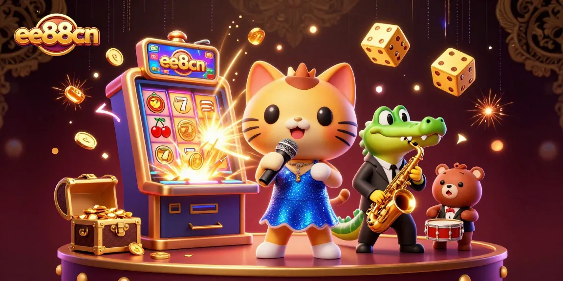 ee88cn takes center stage with colorful casino characters in dynamic 3D illustration full of excitement.