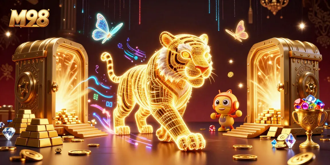 M98 captivates with a digital casino scene featuring a neon-wireframe golden tiger and treasure bursting with jewels.