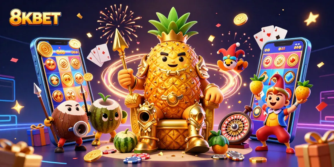 Experience thrilling fun with 8KBET in a vibrant casino scene featuring unique characters.
