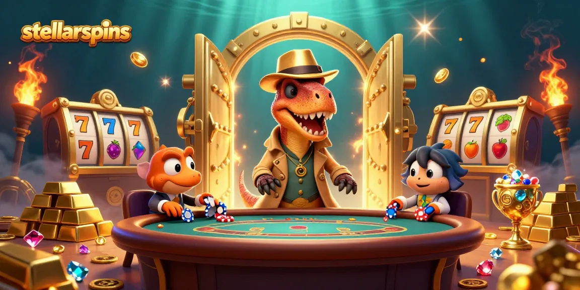 Experience exciting blackjack action with stellarspins, featuring a velociraptor card counter in a lively casino scene.