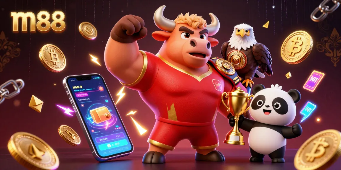 Engage with m88's thrilling gaming experience featuring a bull mascot, eagle, and panda.