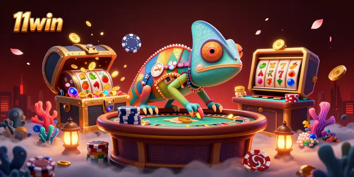 Experience excitement at 11win with vibrant chameleon owner amid floating slot reels and treasure.