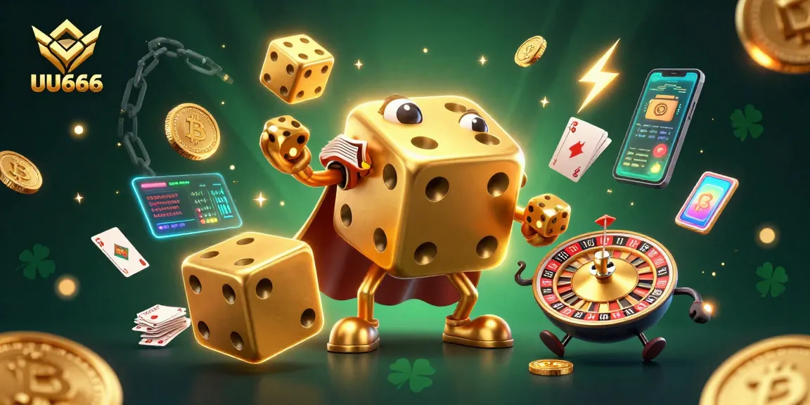 Experience thrilling gameplay with UU666's interactive 3D casino illustration showcasing vibrant crypto elements and dice animations.